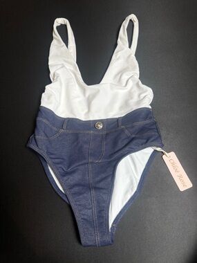 Chloe Rose Two-Tone White & Navy One-Piece Swimsuit NWT